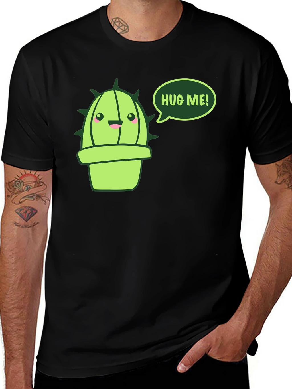 Cute Cactus Hug Me! Black T-Shirt