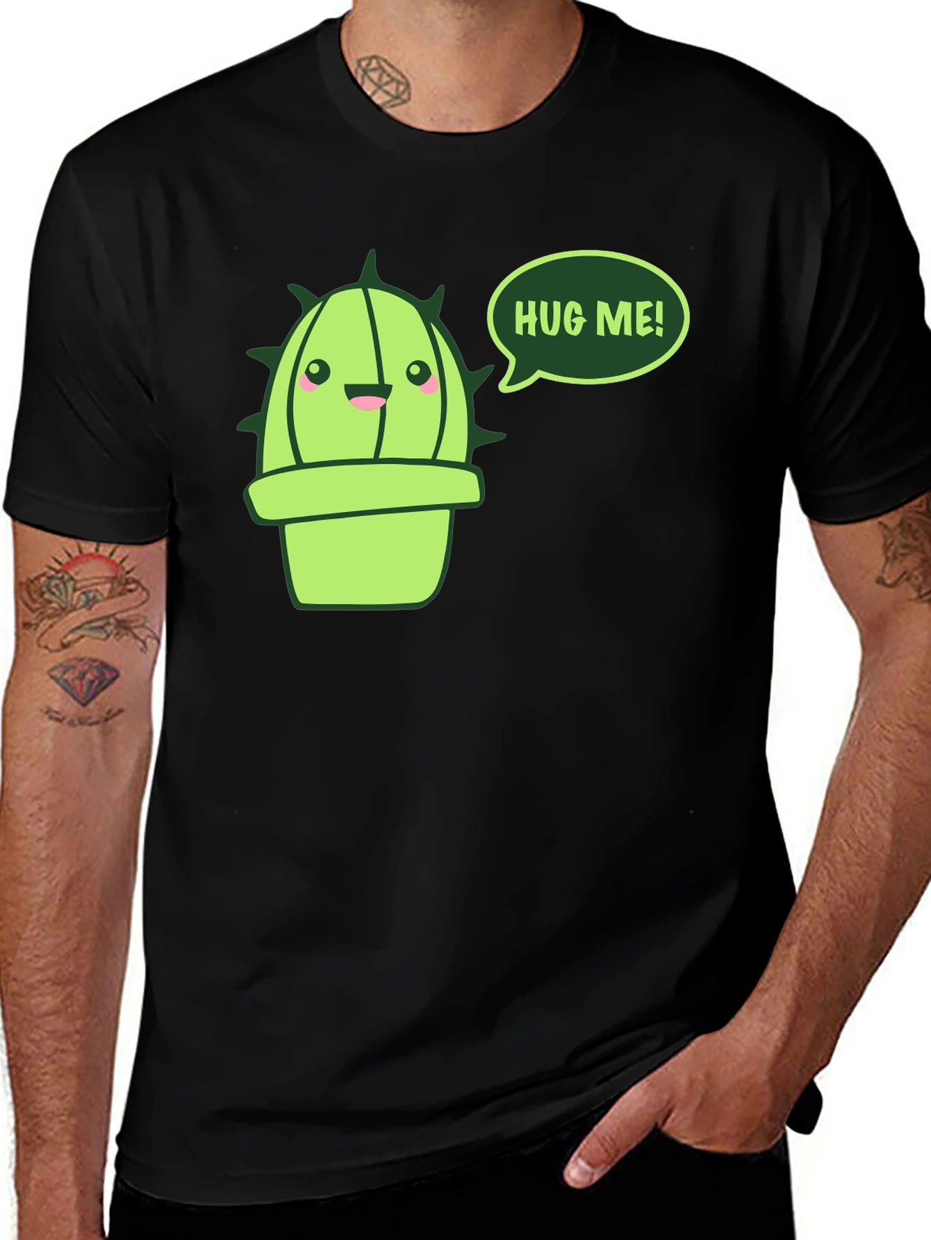 Cute Cactus Hug Me! Black T-Shirt