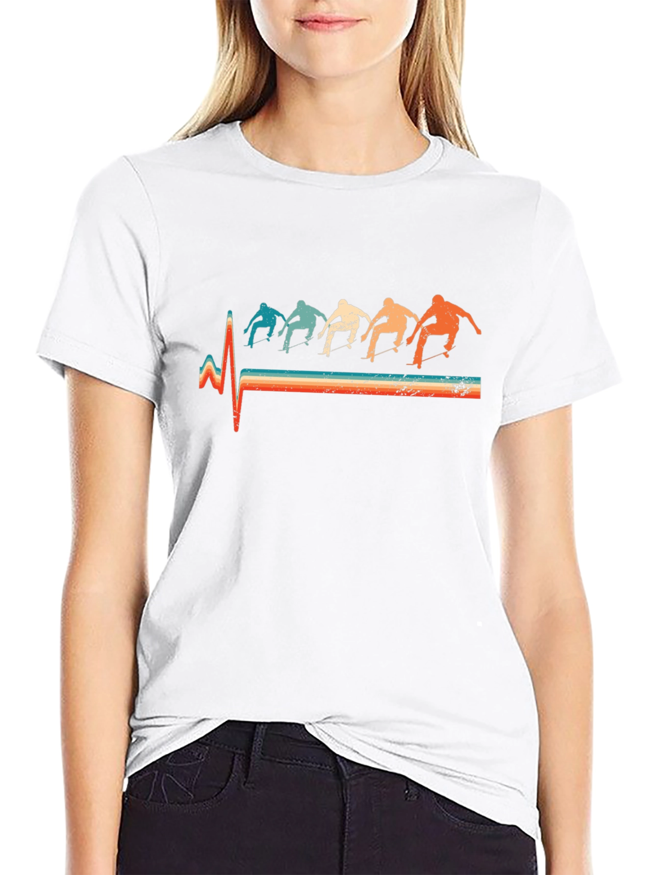 Retro Skateboarder Heartbeat T-Shirt - Black