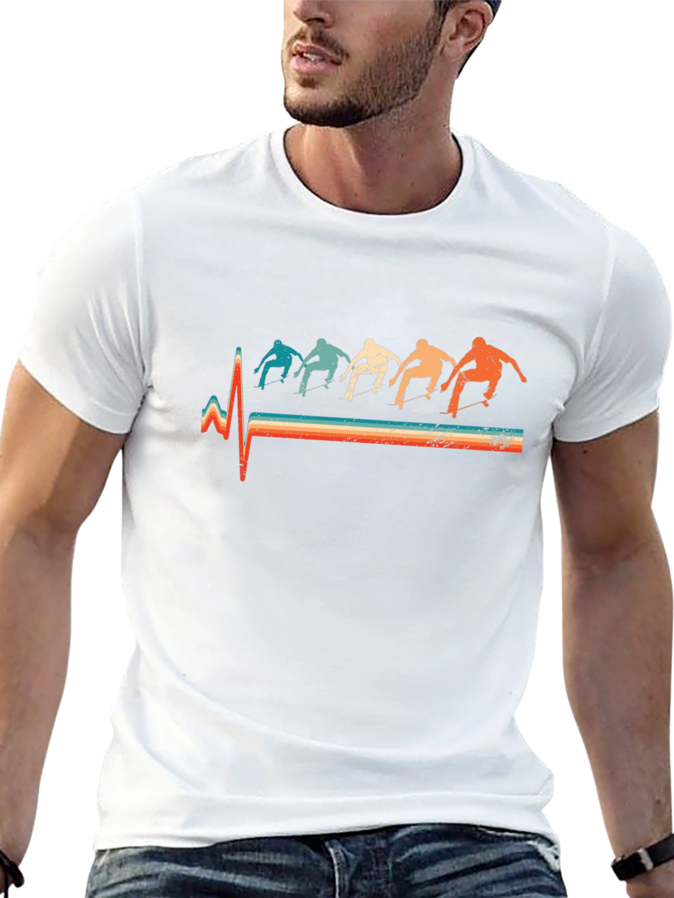 Retro Skateboarder Heartbeat T-Shirt - Black
