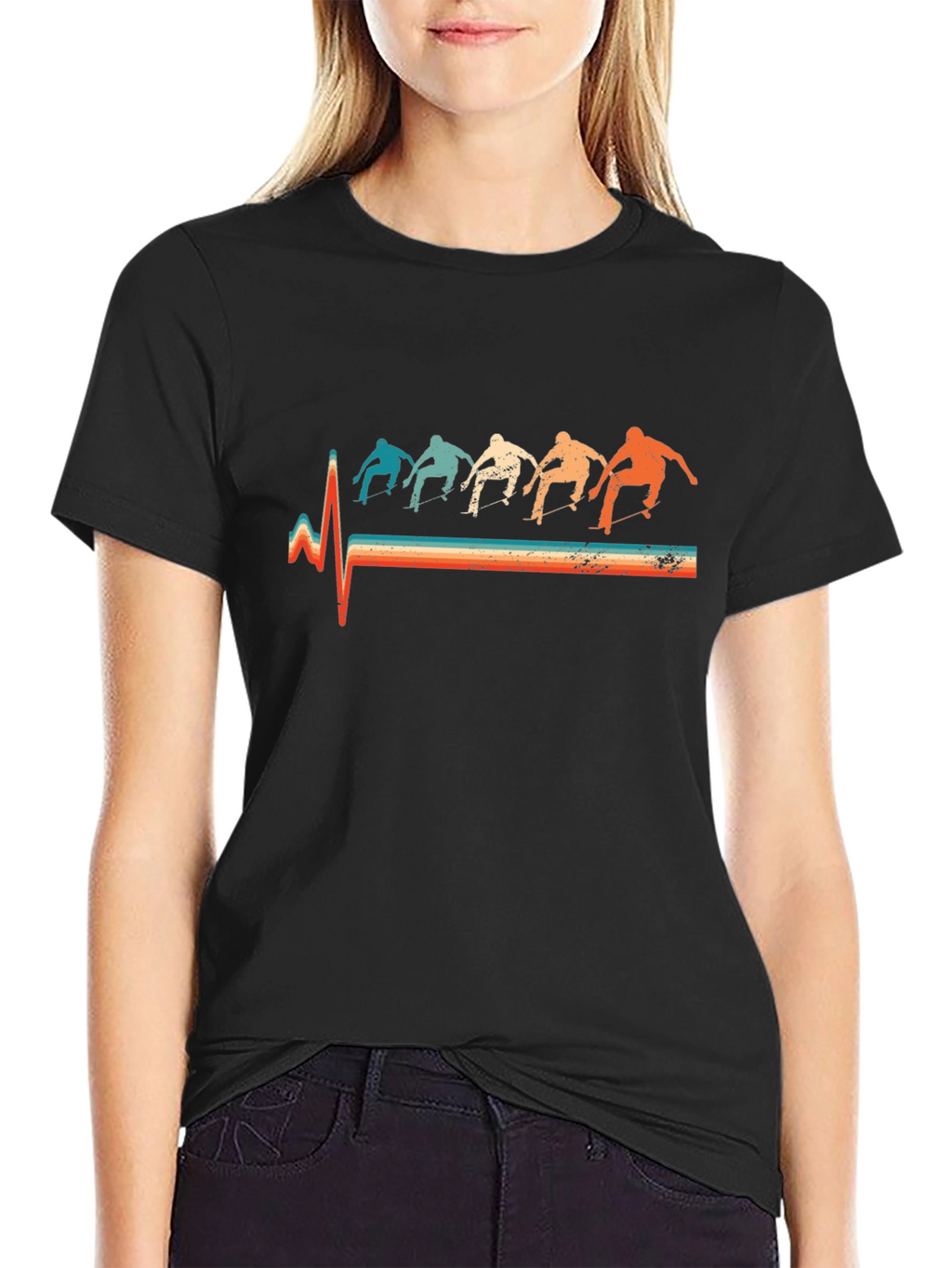 Retro Skateboarder Heartbeat T-Shirt - Black