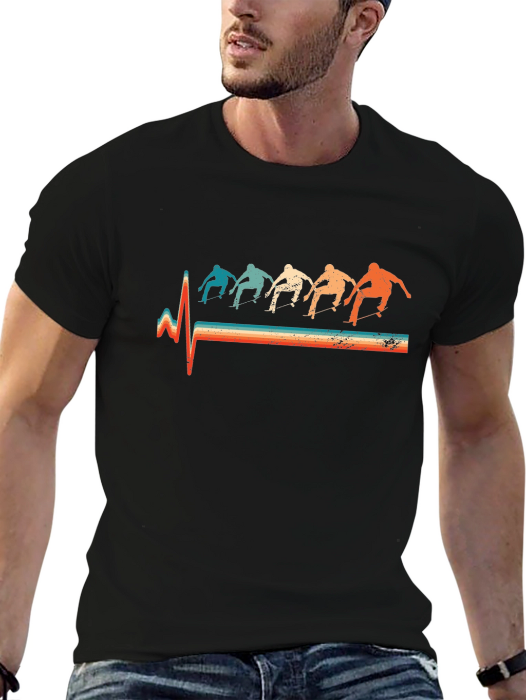 Retro Skateboarder Heartbeat T-Shirt - Black