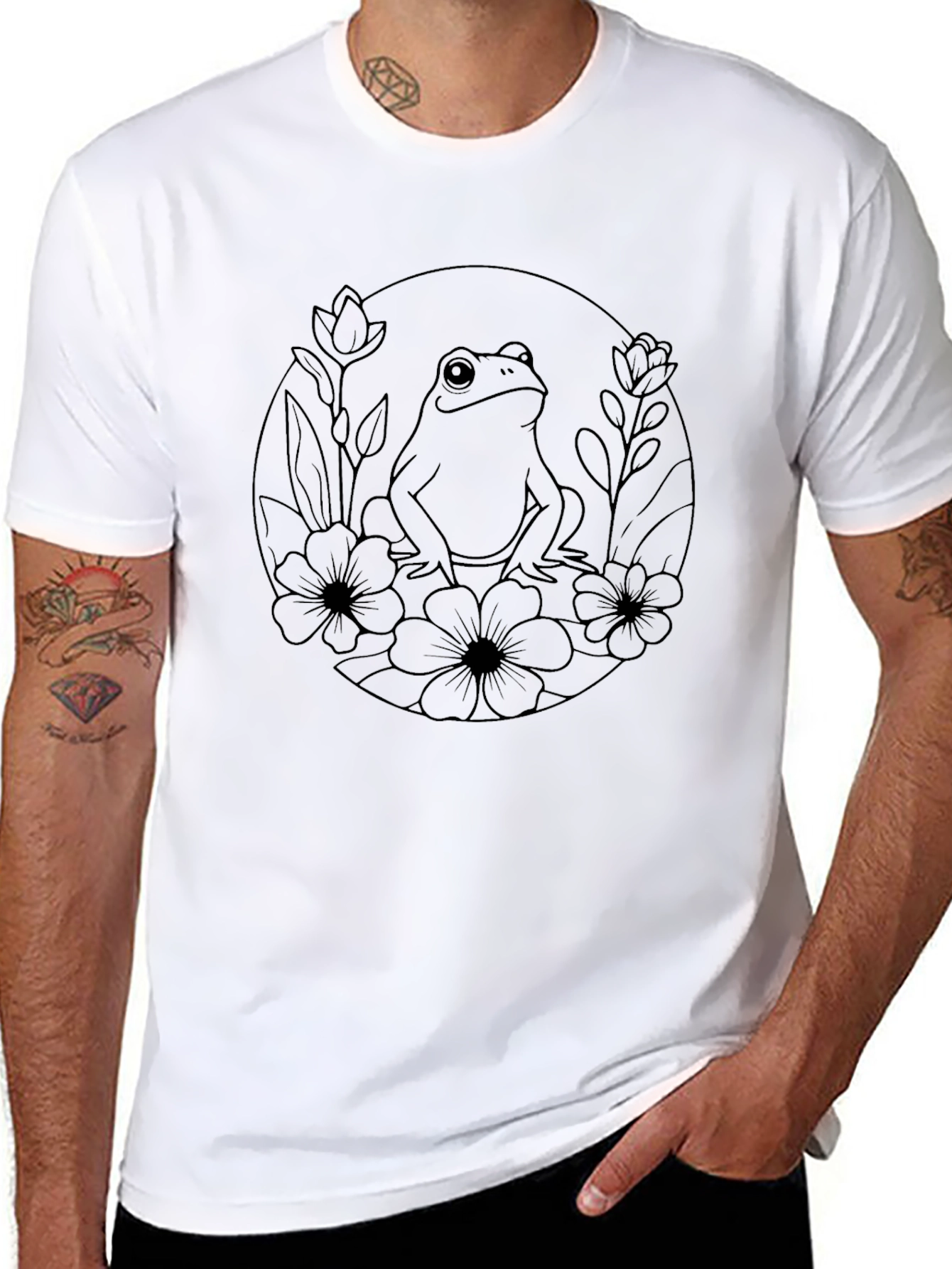 Black T-Shirt with Frog & Floral Design