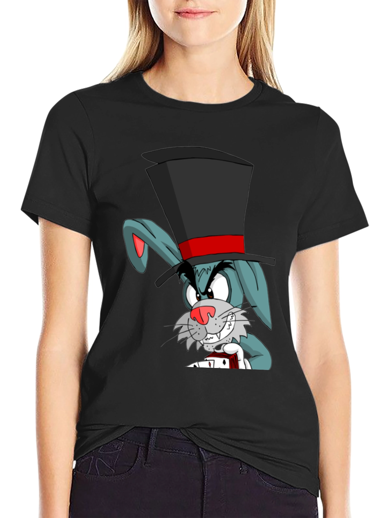 Cartoon Rabbit Magician Black T-Shirt
