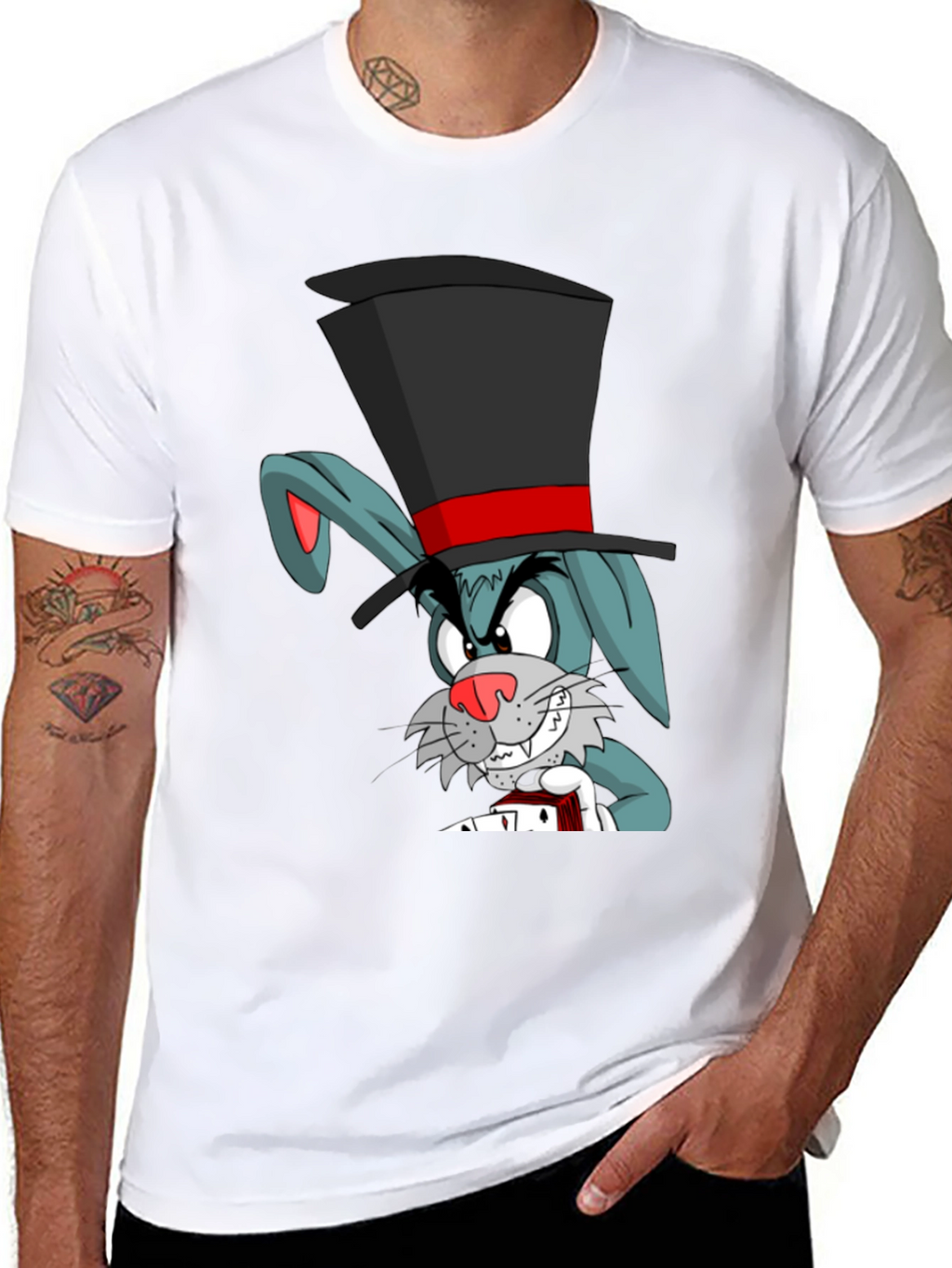 Cartoon Rabbit Magician Black T-Shirt