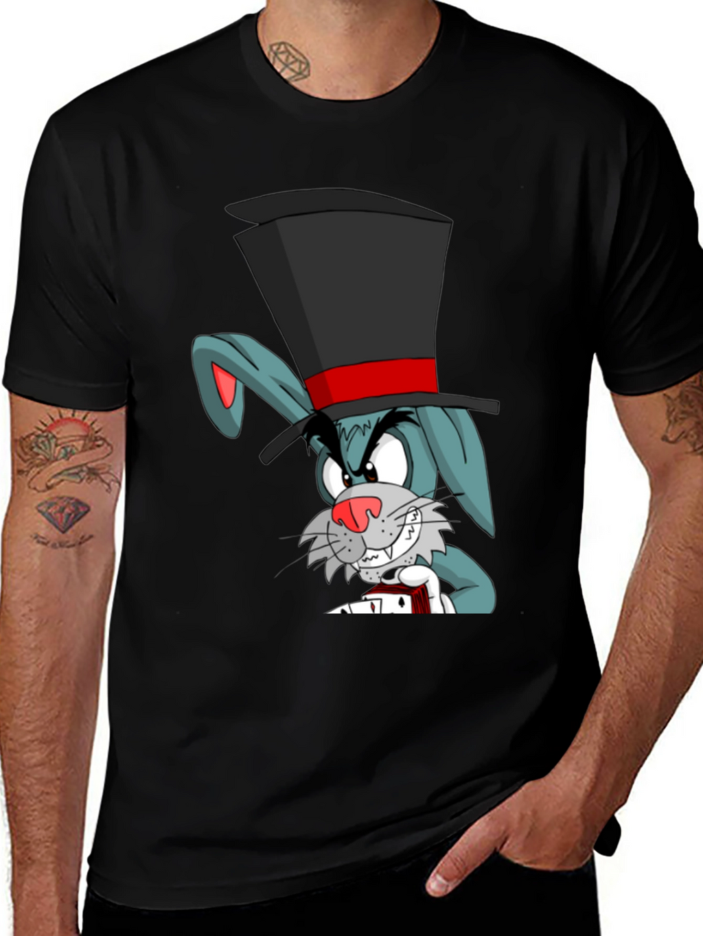 Cartoon Rabbit Magician Black T-Shirt