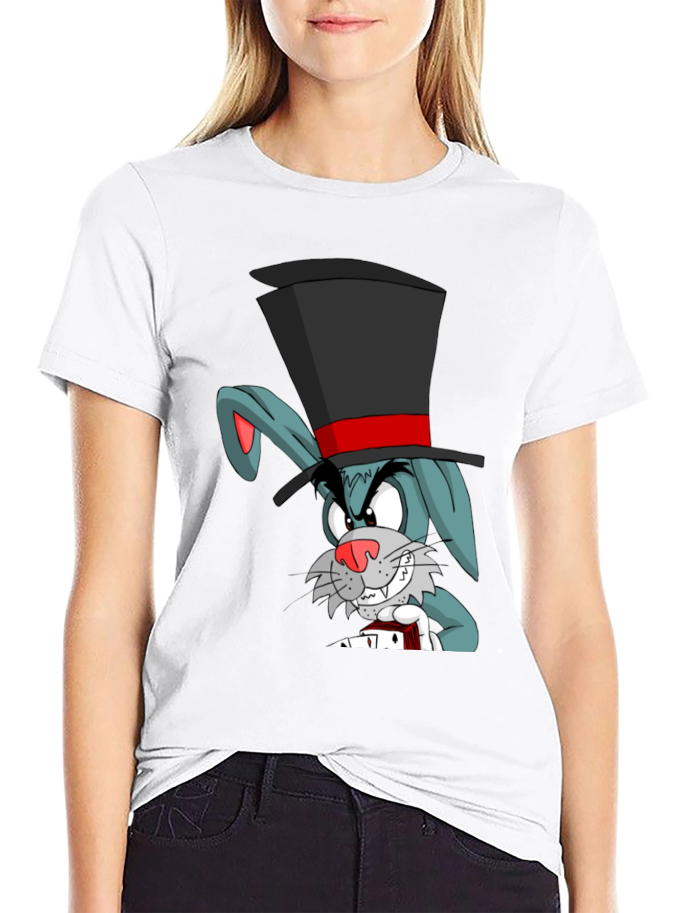 Cartoon Rabbit Magician Black T-Shirt