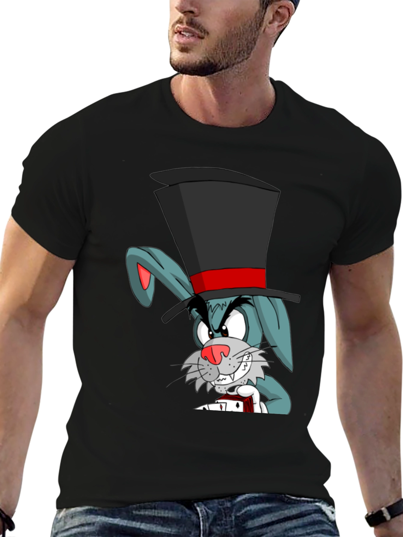 Cartoon Rabbit Magician Black T-Shirt