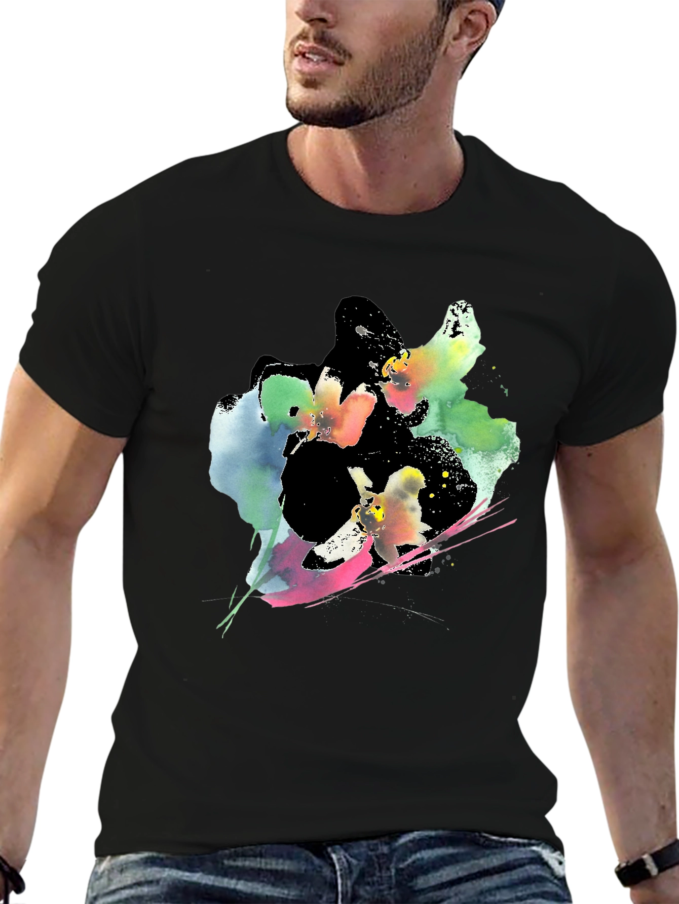Abstract Floral Print Black T-Shirt