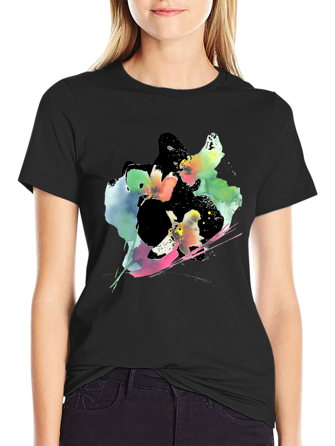 Abstract Floral Print Black T-Shirt