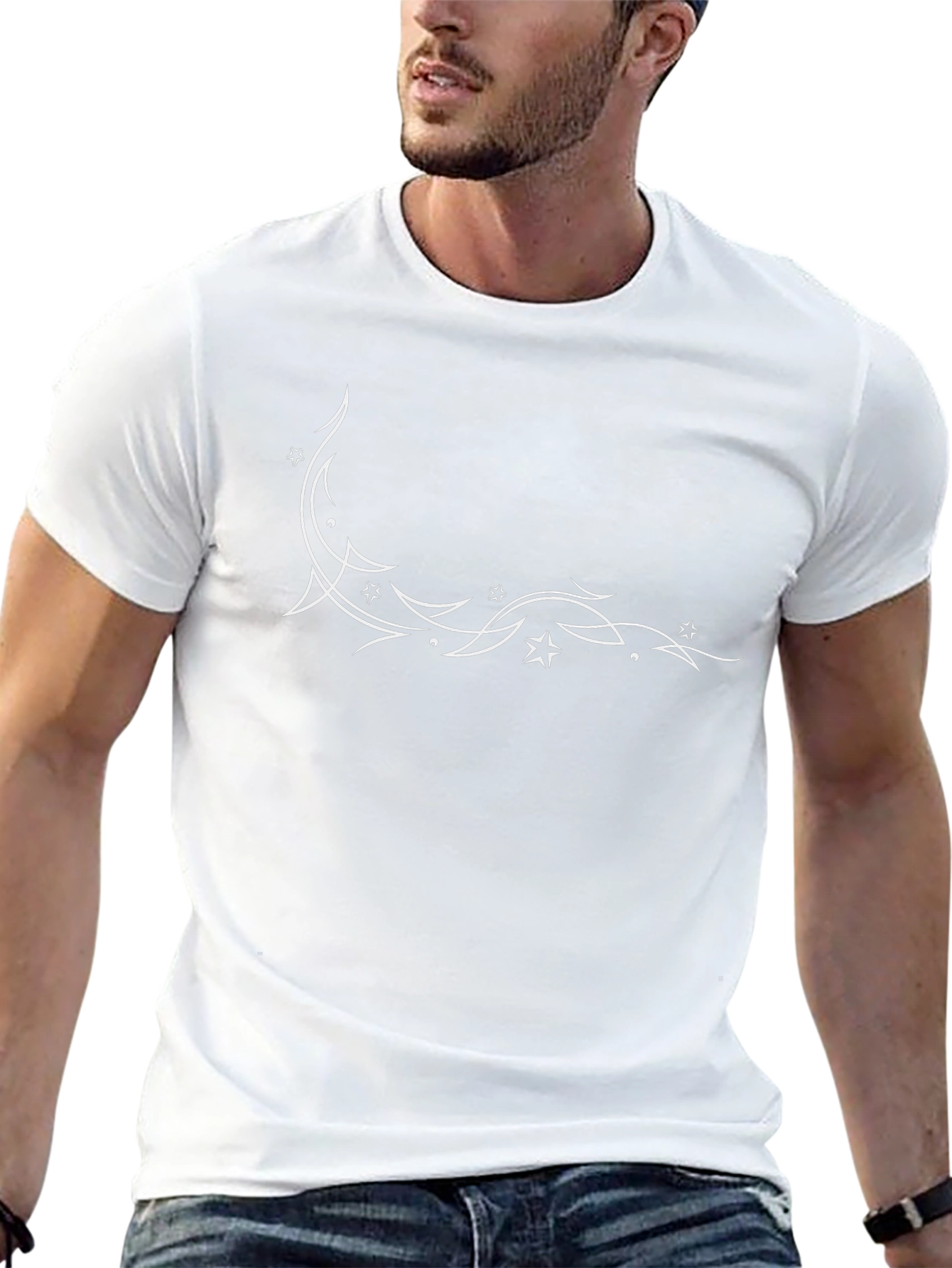 Stylish Black T-Shirt with White Star & Swirl Design