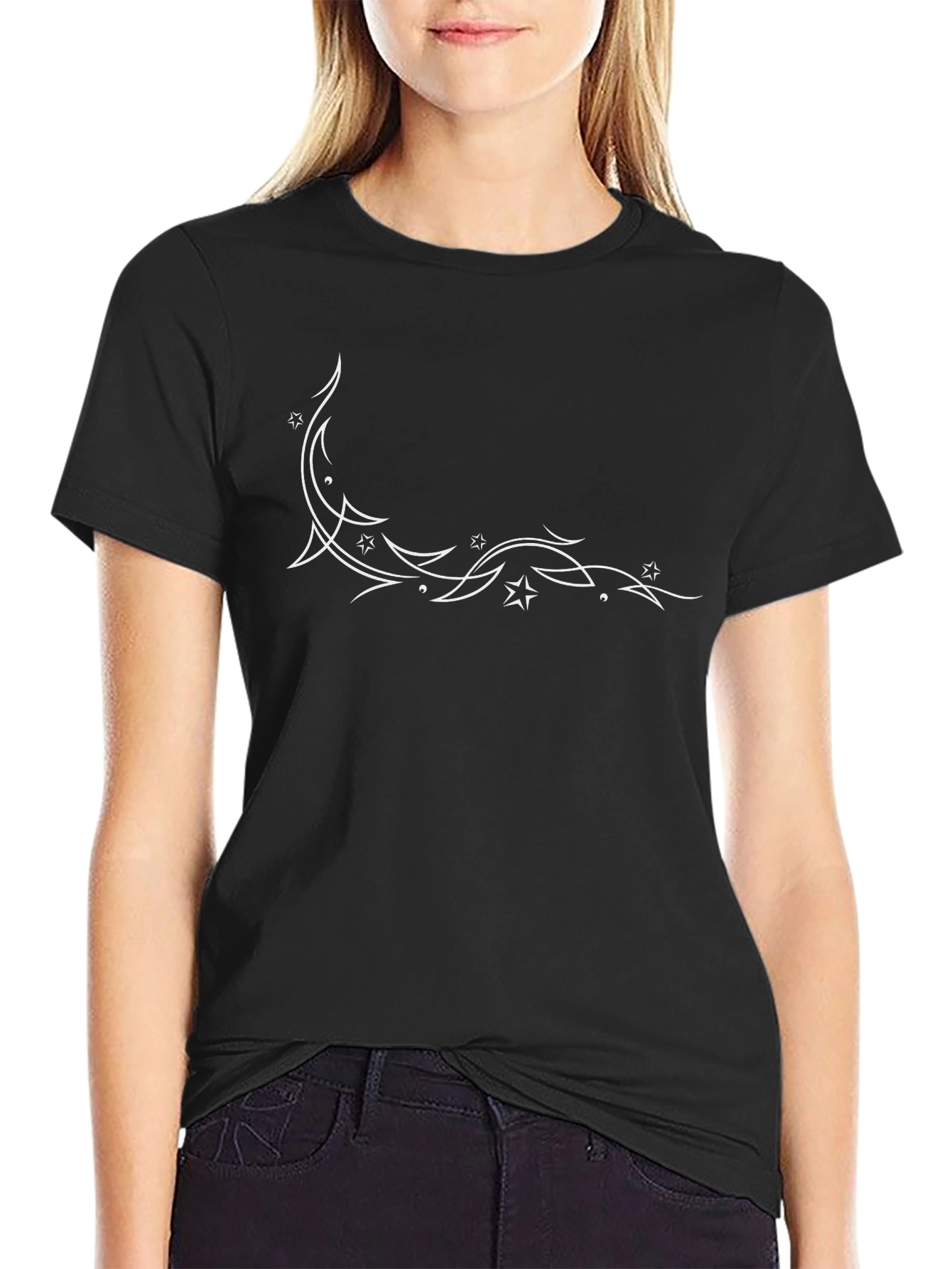 Stylish Black T-Shirt with White Star & Swirl Design