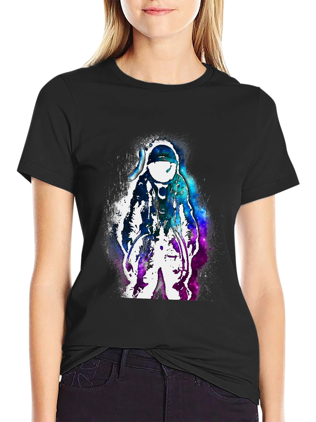 Astronaut Galaxy Print Black T-Shirt