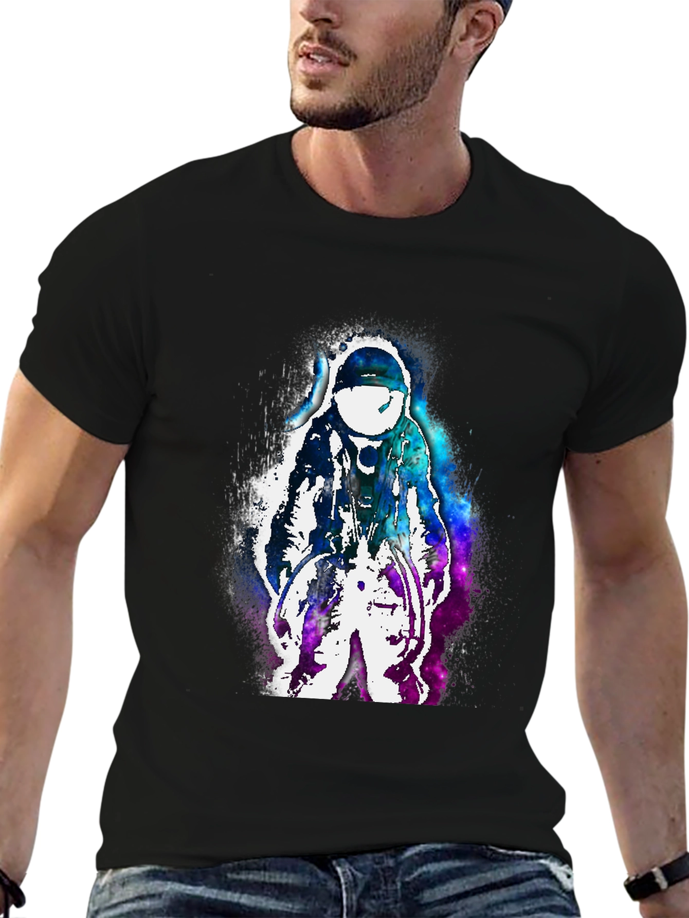 Astronaut Galaxy Print Black T-Shirt