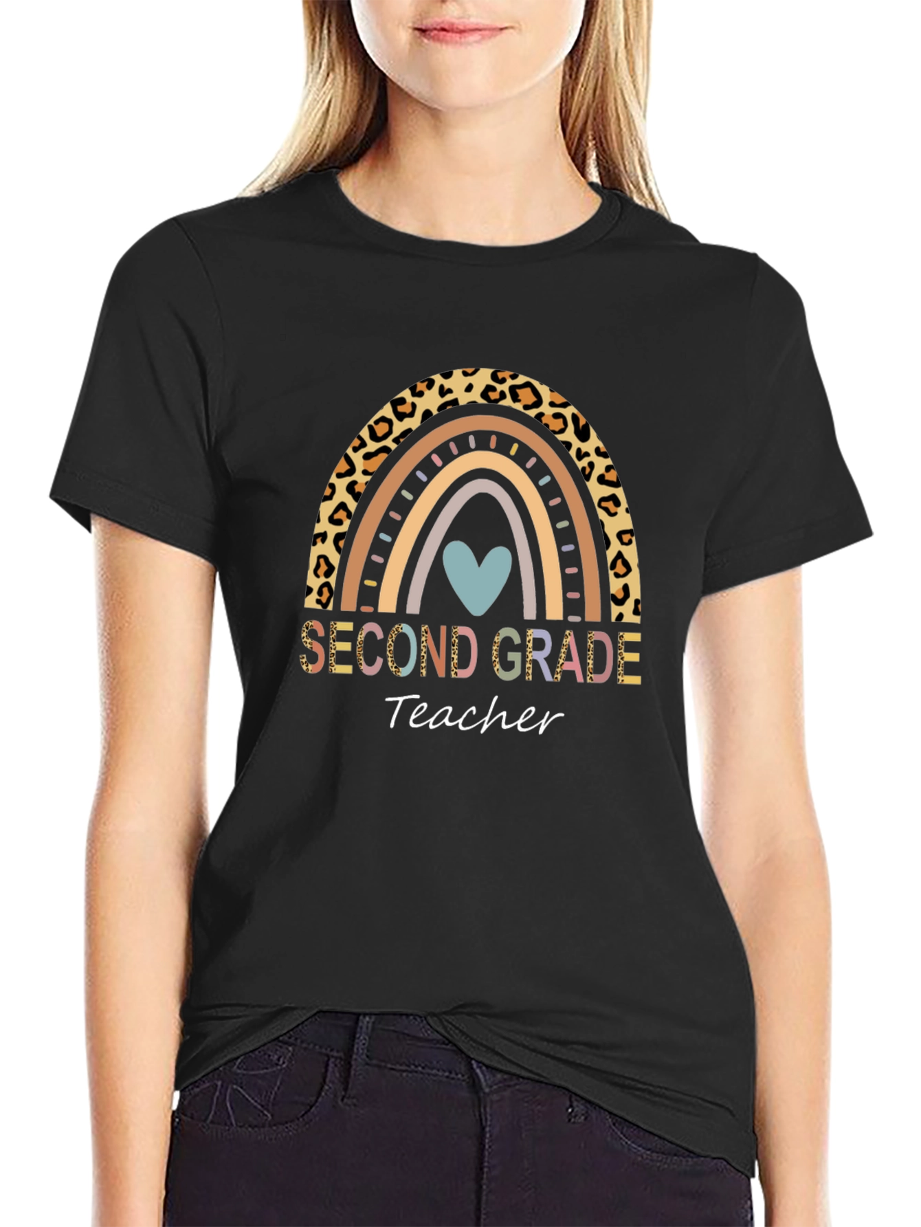 Second Grade Teacher Rainbow Leopard Print T-Shirt