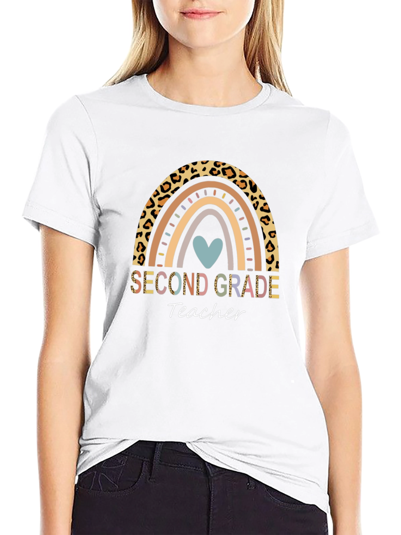 Second Grade Teacher Rainbow Leopard Print T-Shirt