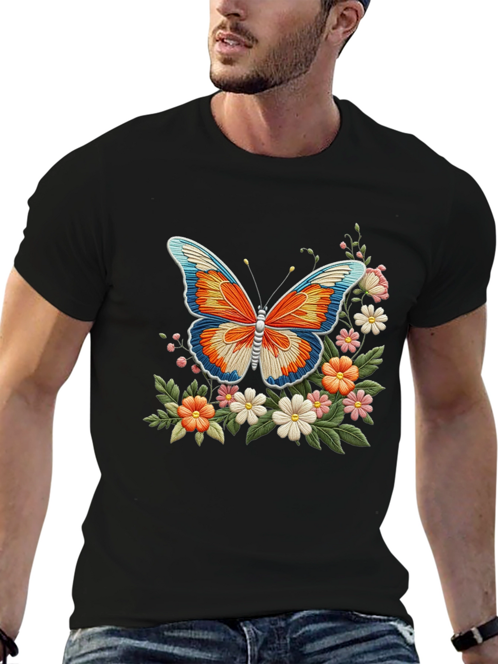 Butterfly Floral Graphic Print Black T-Shirt