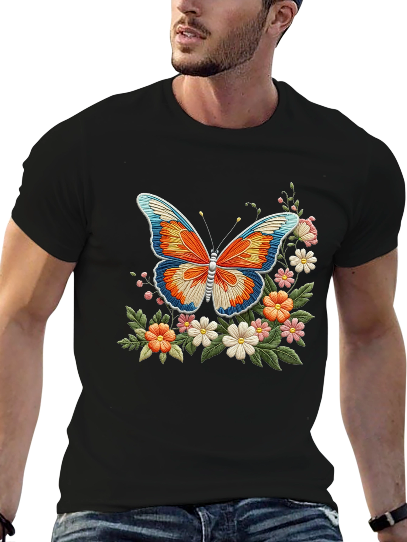 Butterfly Floral Graphic Print Black T-Shirt