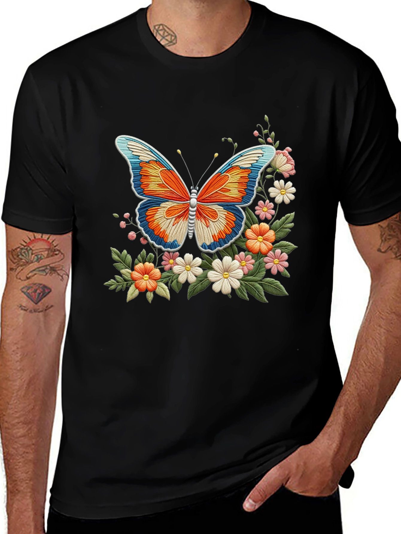 Butterfly Floral Graphic Print Black T-Shirt