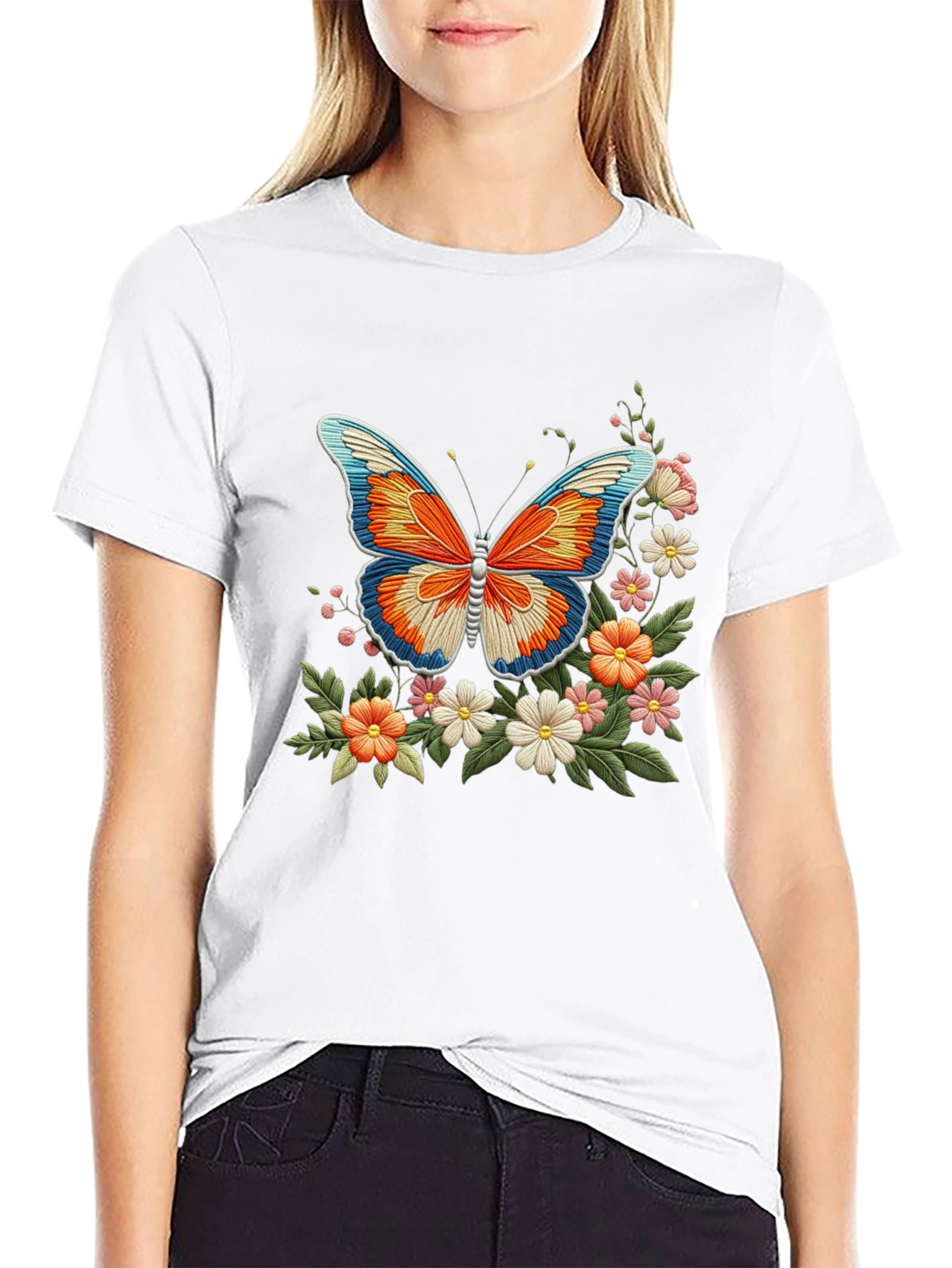 Butterfly Floral Graphic Print Black T-Shirt