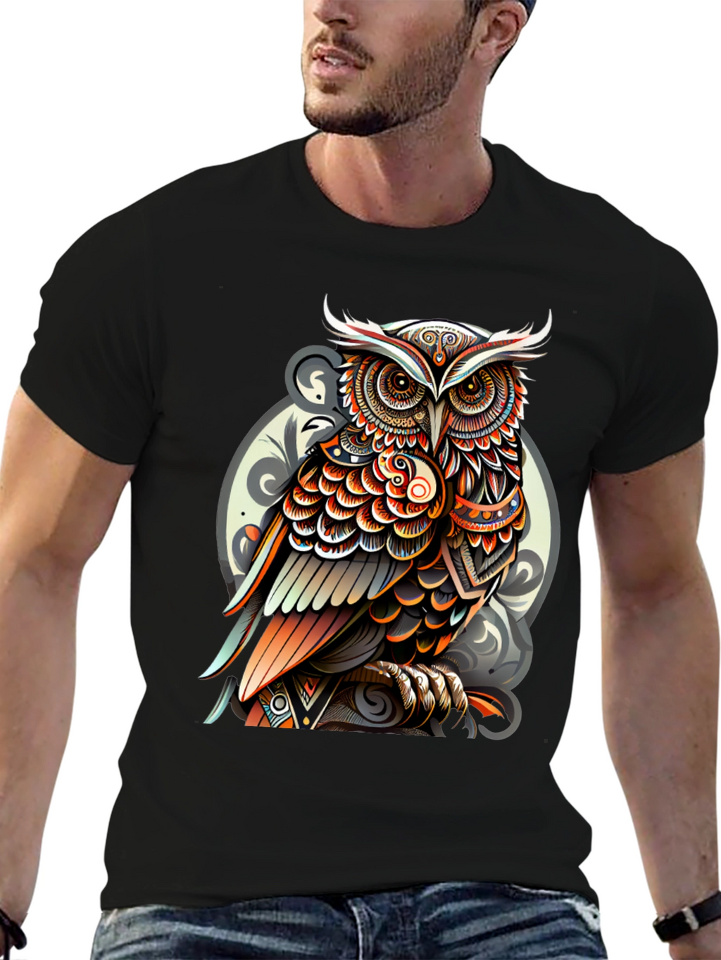 Tribal Owl Graphic Tee - Stylish Mens Black T-Shirt