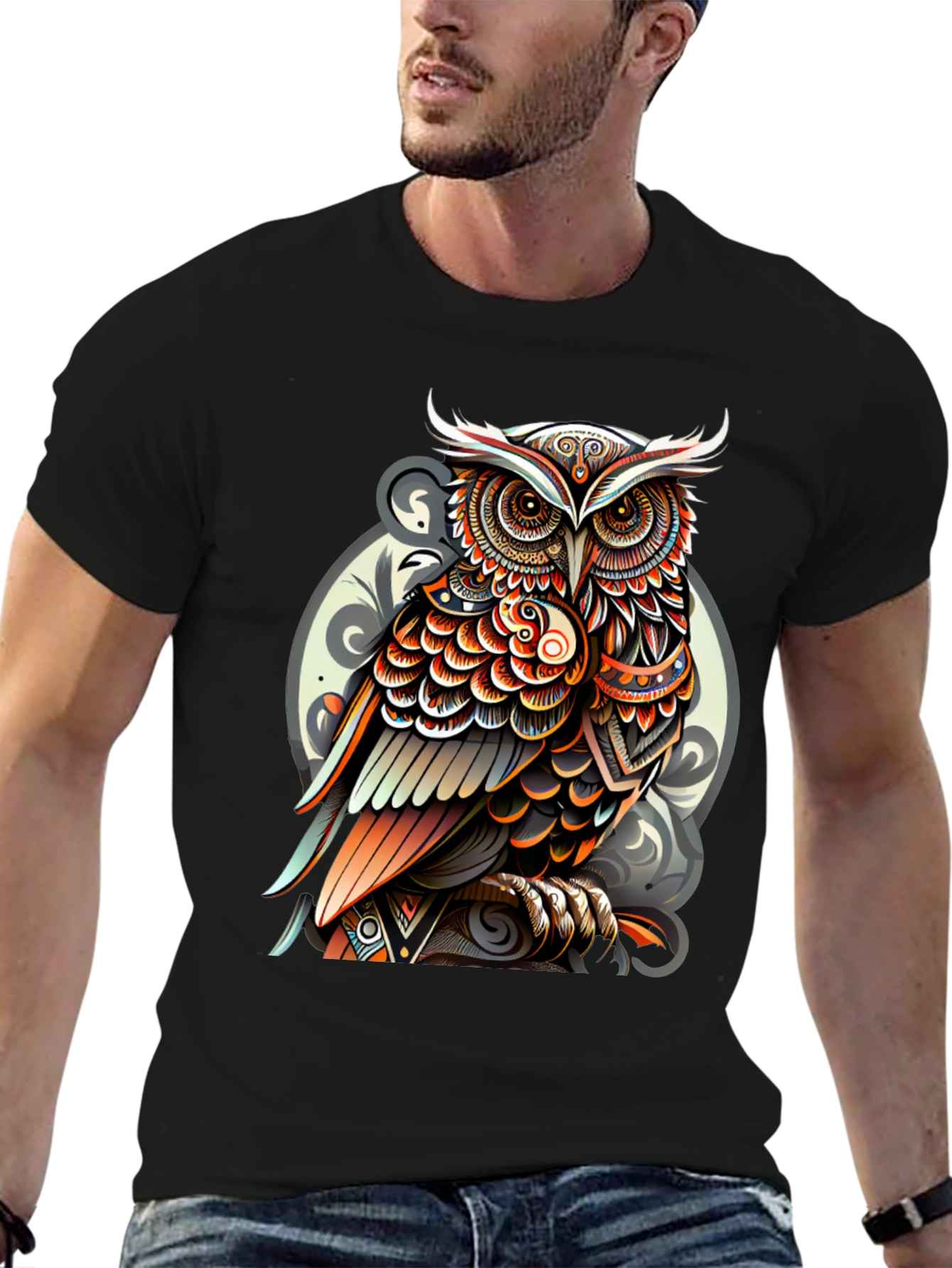 Tribal Owl Graphic Tee - Stylish Mens Black T-Shirt