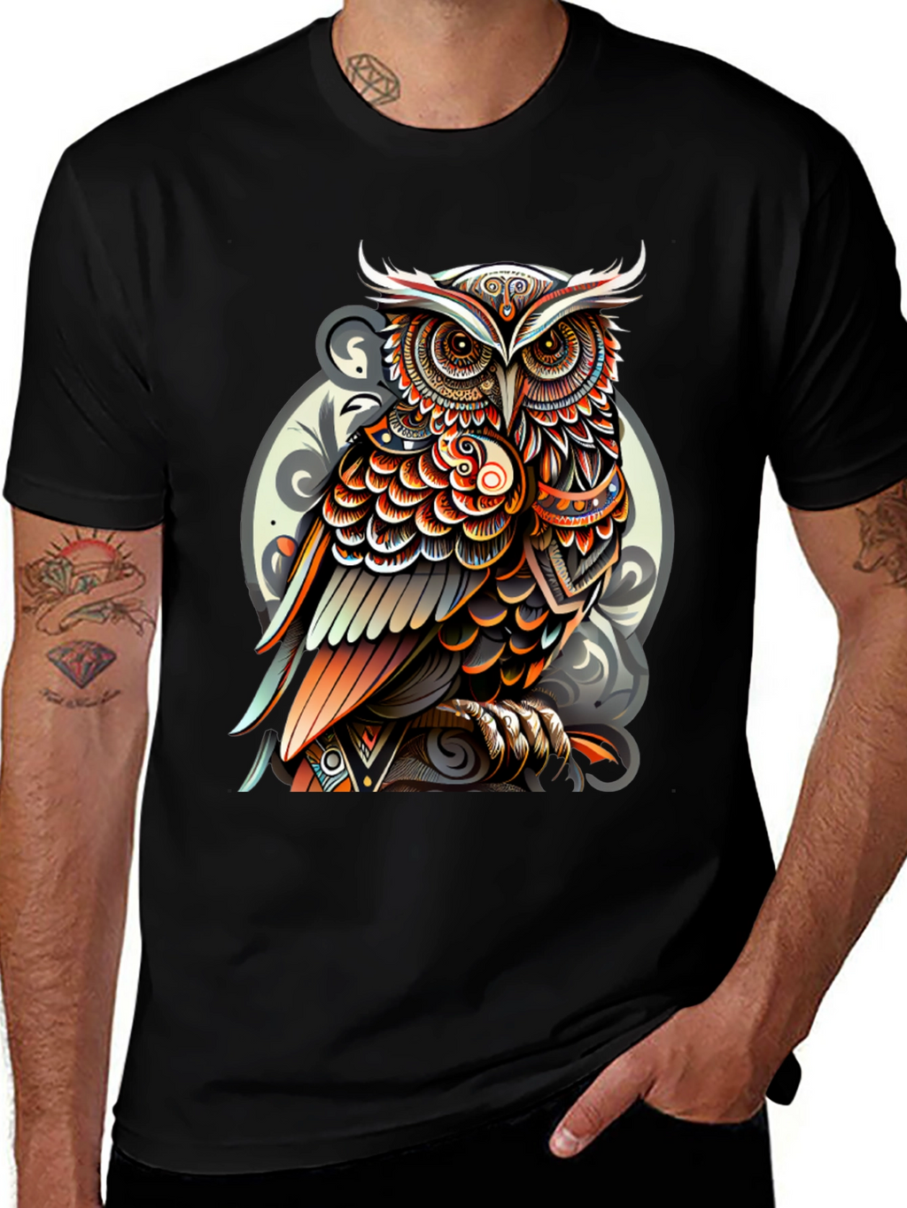 Tribal Owl Graphic Tee - Stylish Mens Black T-Shirt