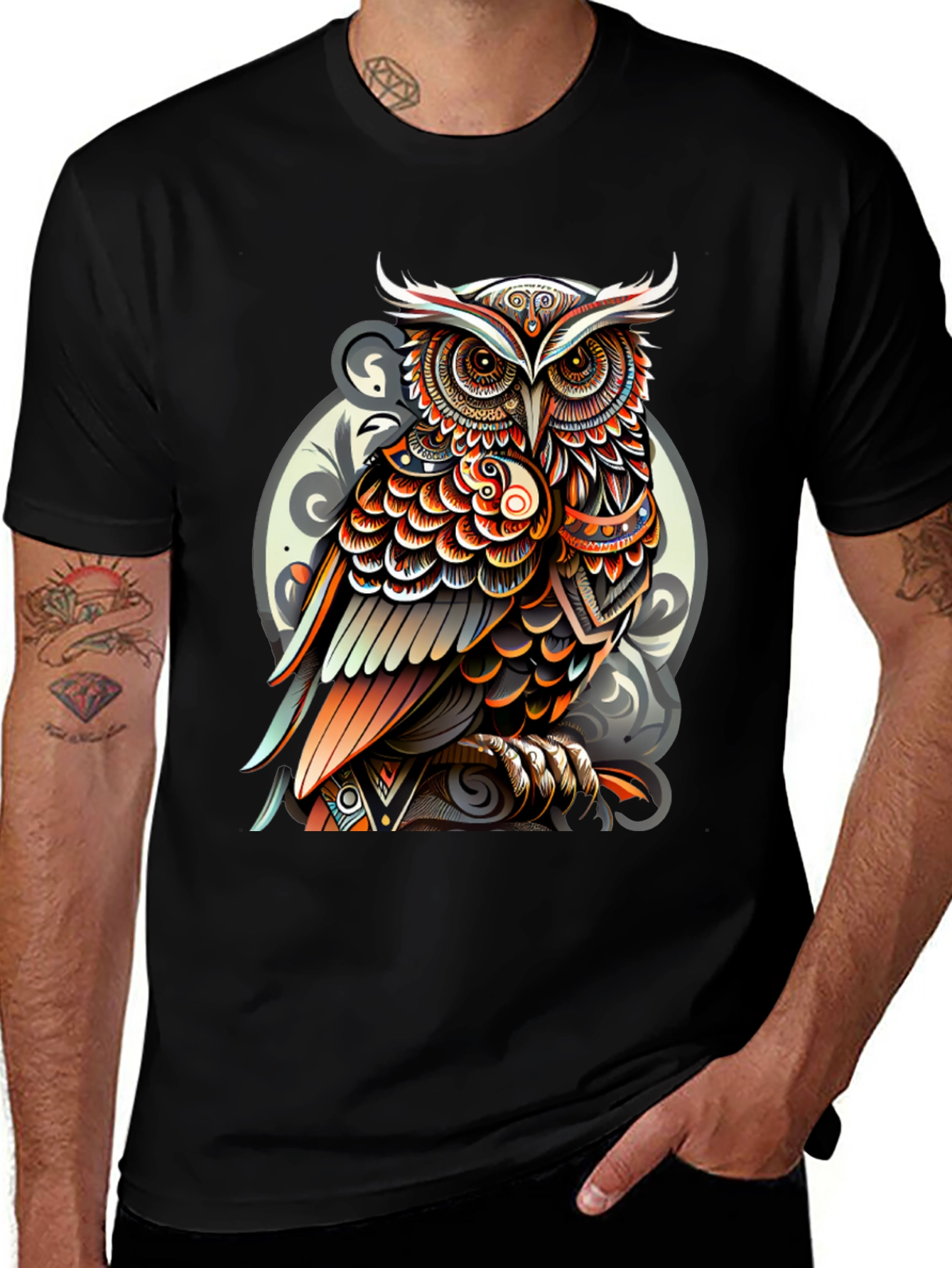 Tribal Owl Graphic Tee - Stylish Mens Black T-Shirt