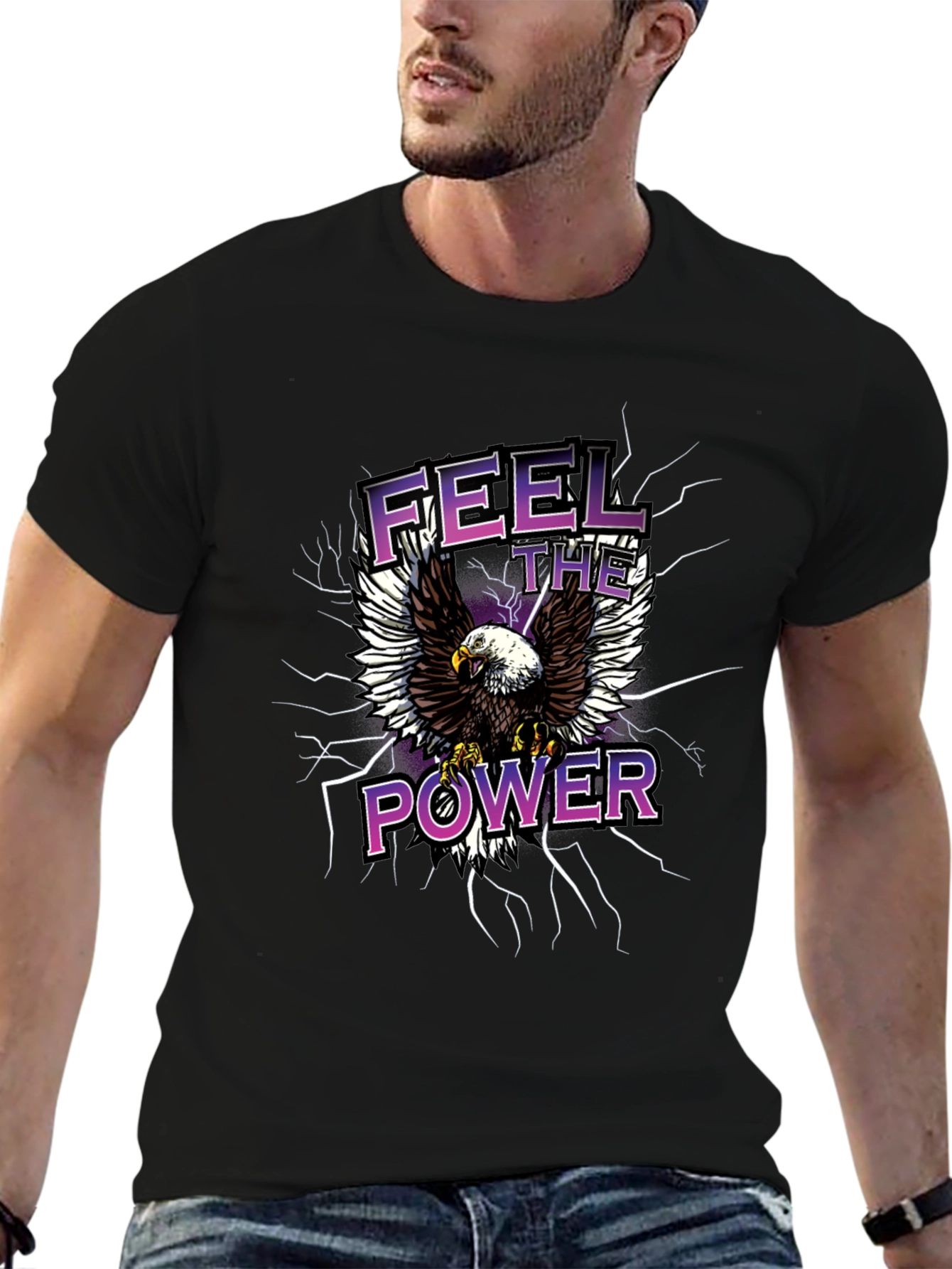 Feel The Power Eagle Graphic Black T-Shirt