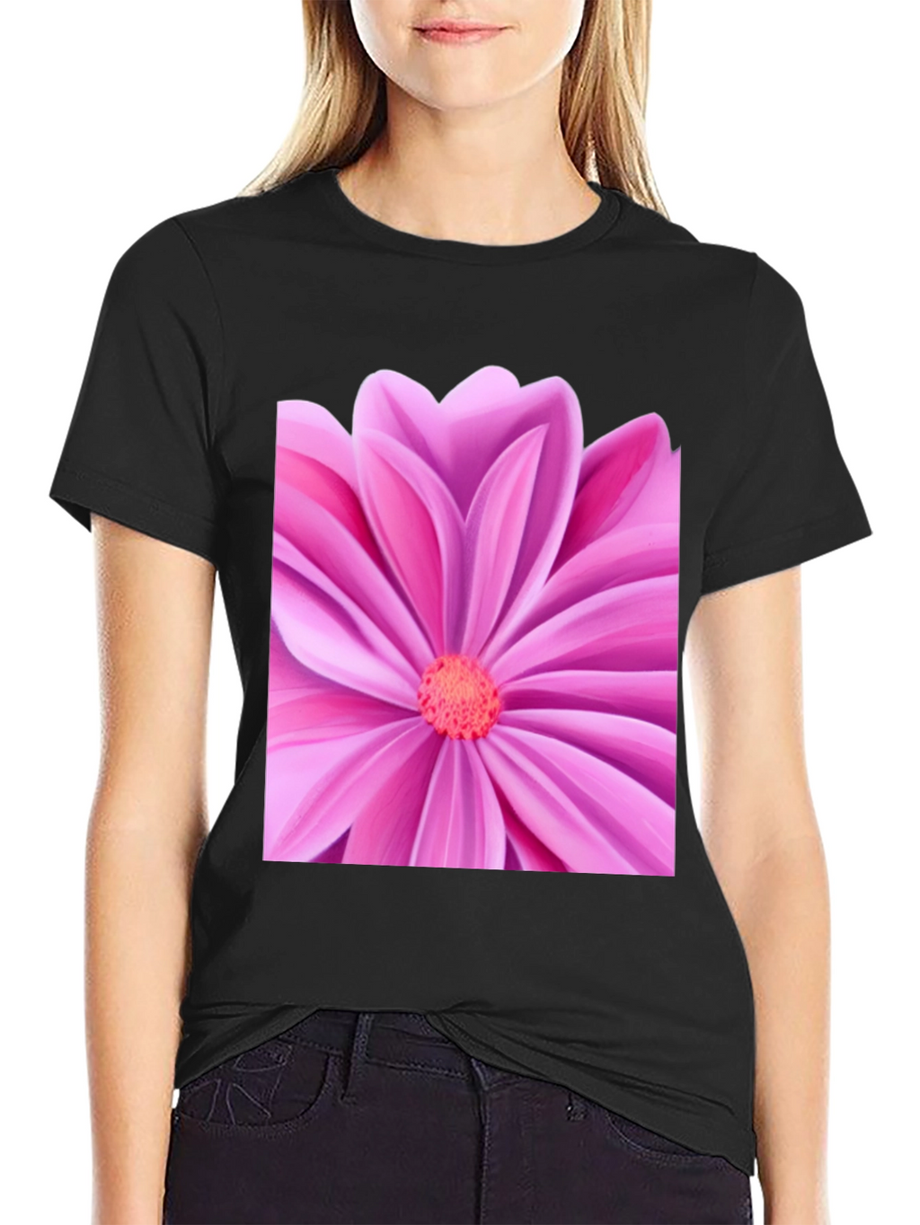 Pink Petal Flower Graphic Tee - Black