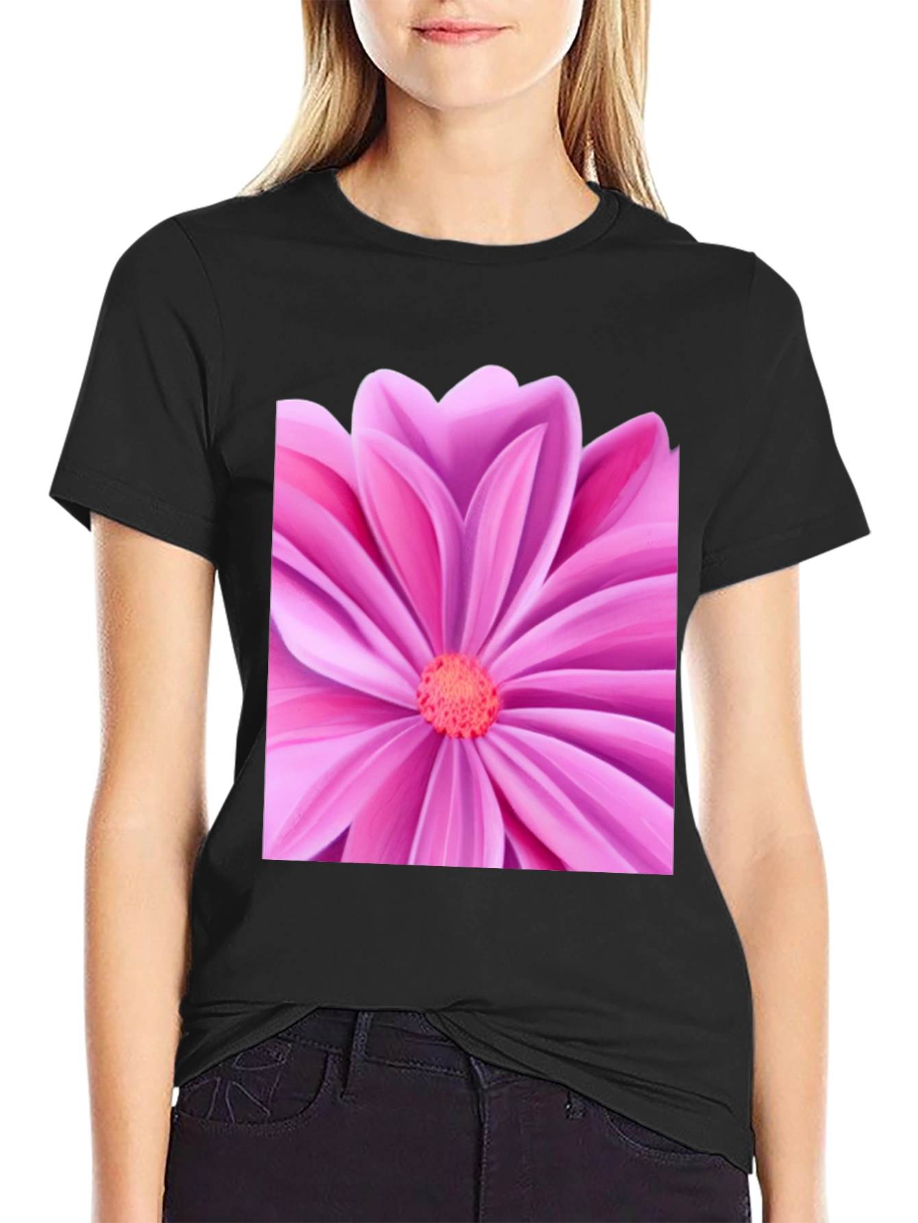 Pink Petal Flower Graphic Tee - Black