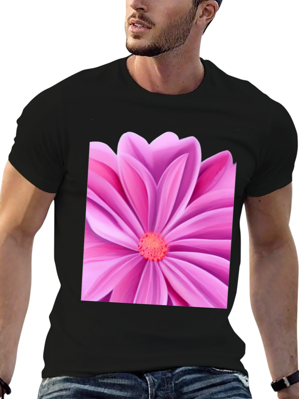 Pink Petal Flower Graphic Tee - Black