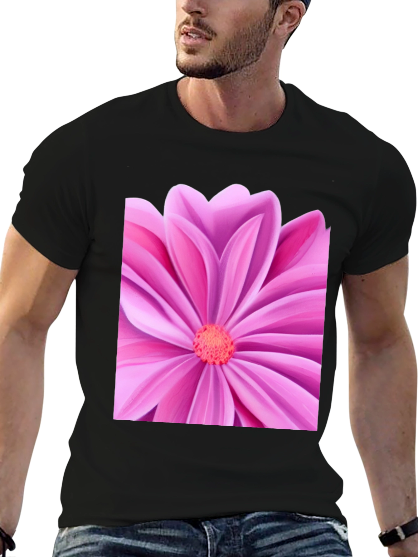 Pink Petal Flower Graphic Tee - Black