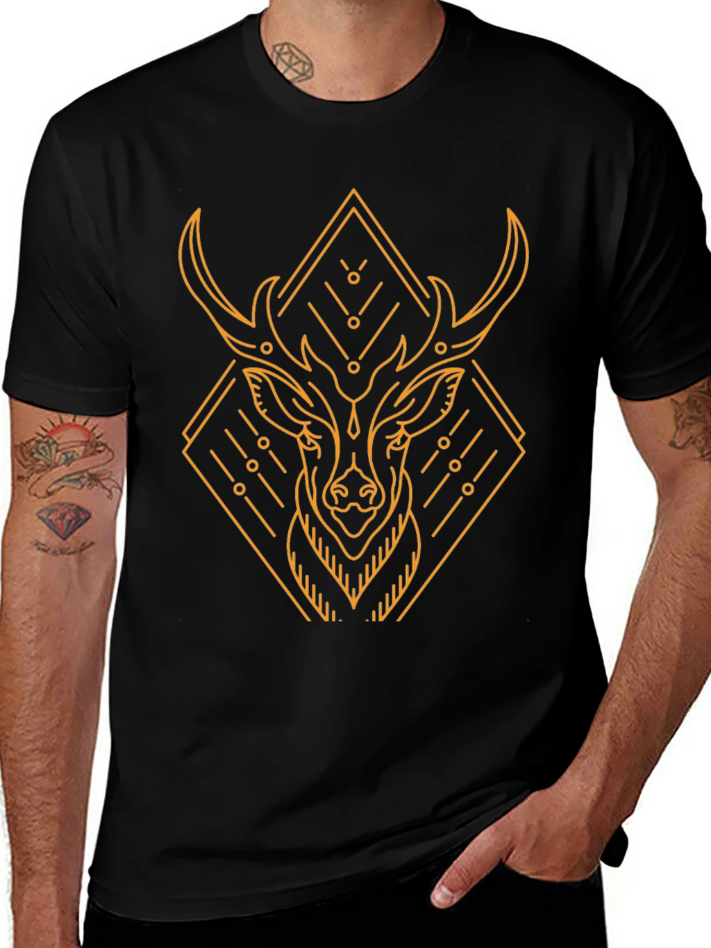 Geometric Deer Graphic Black T-Shirt