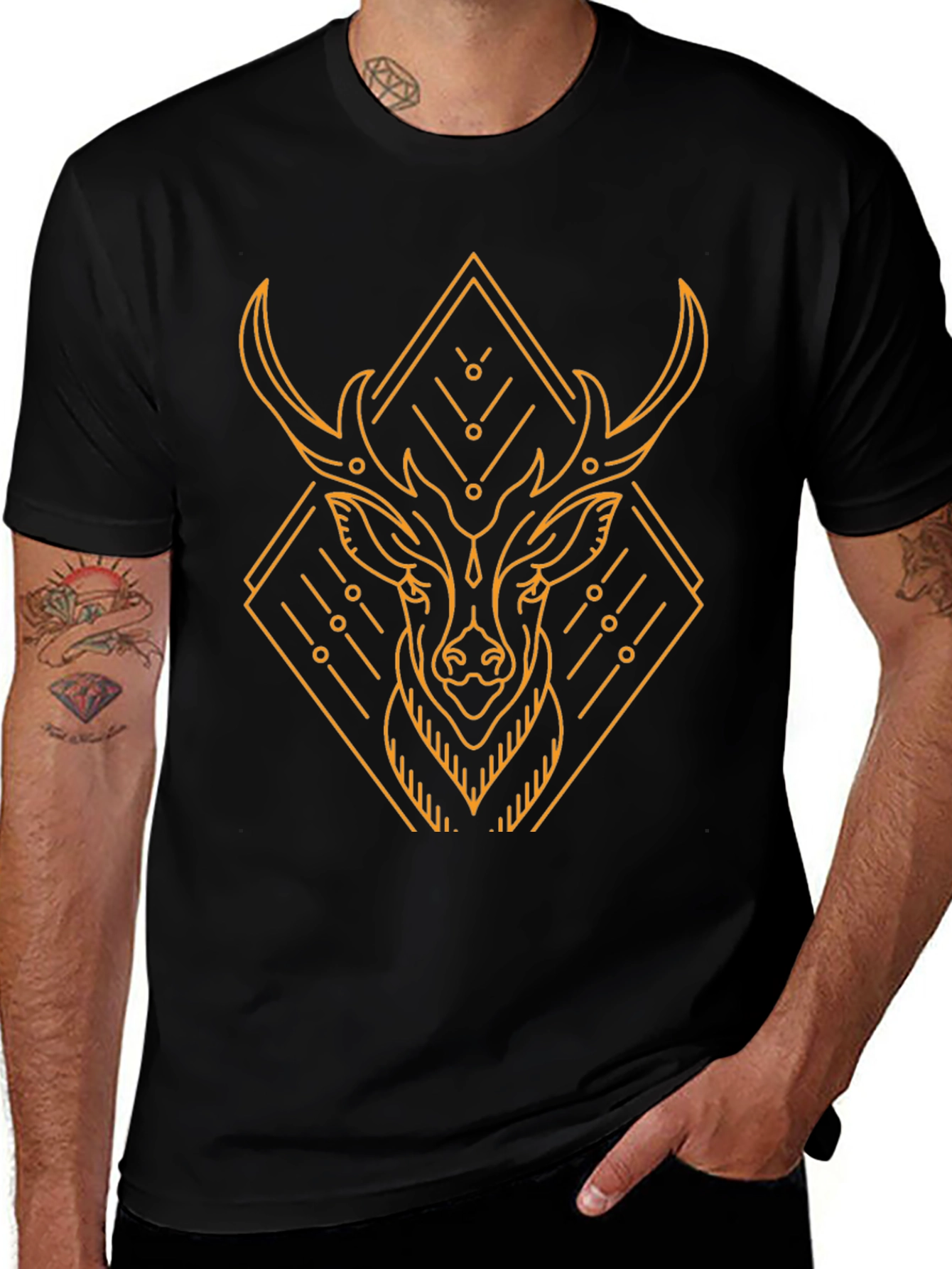Geometric Deer Graphic Black T-Shirt