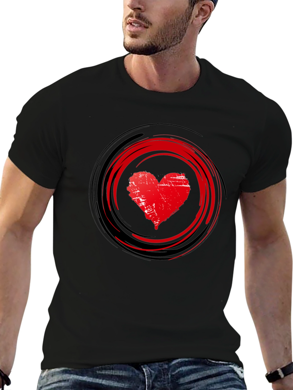 Red Heart Swirl Graphic Black T-Shirt