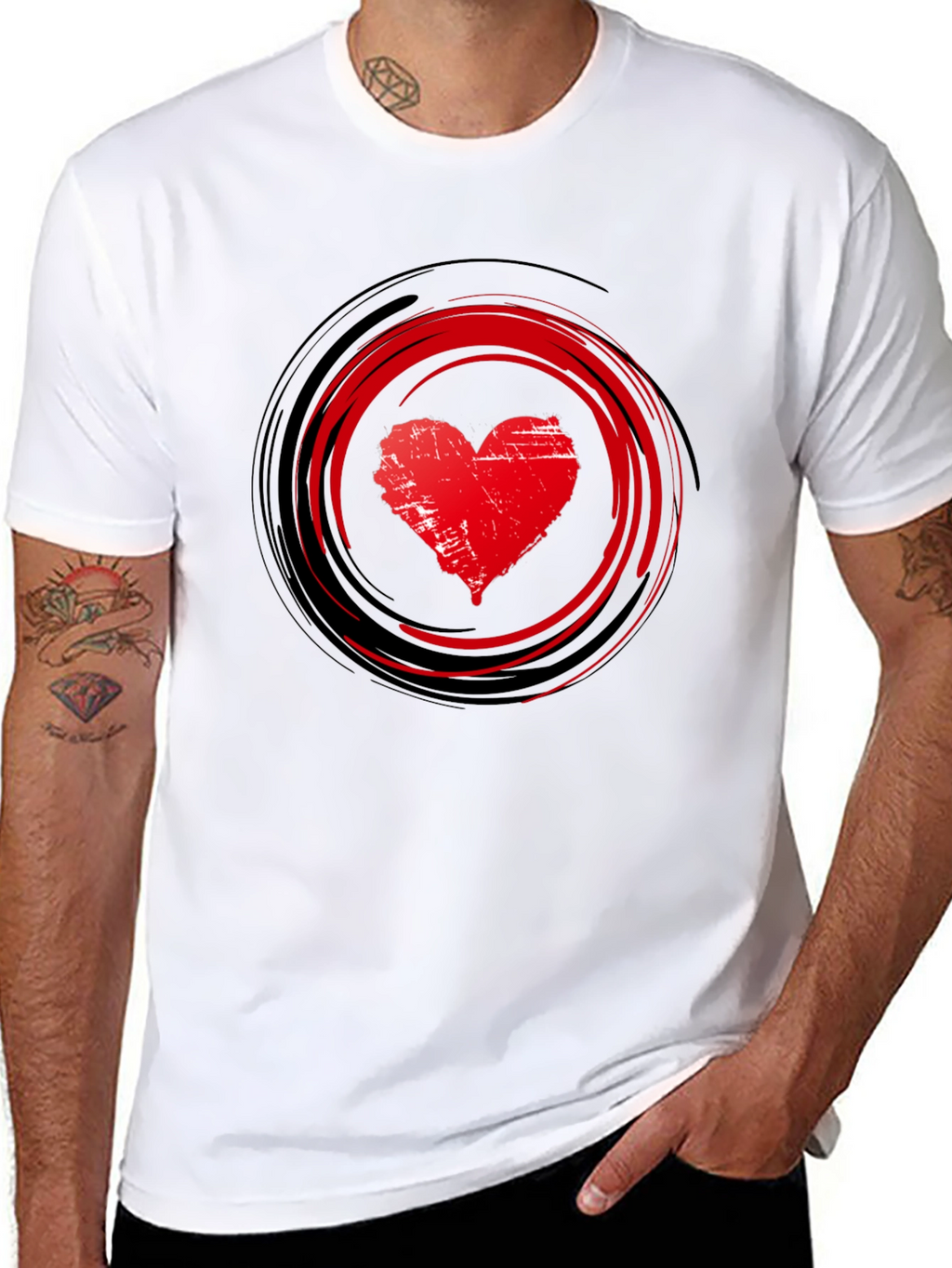 Red Heart Swirl Graphic Black T-Shirt
