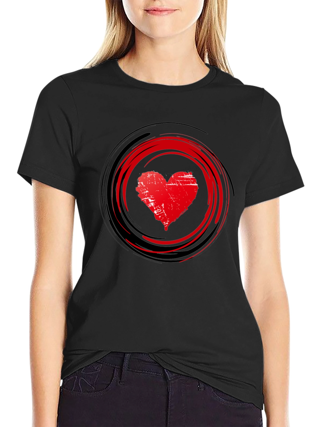 Red Heart Swirl Graphic Black T-Shirt