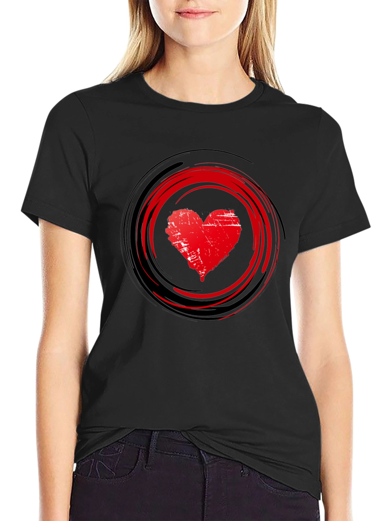 Red Heart Swirl Graphic Black T-Shirt