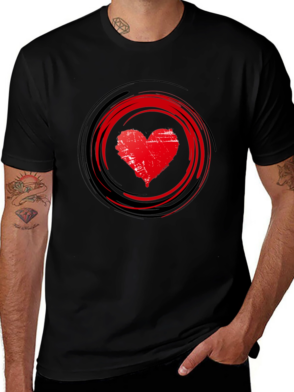 Red Heart Swirl Graphic Black T-Shirt
