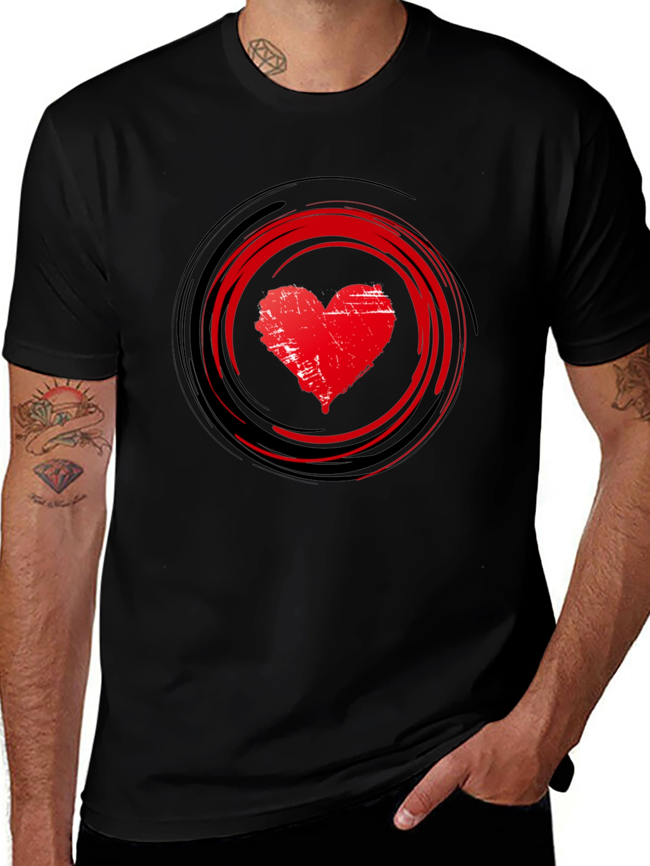 Red Heart Swirl Graphic Black T-Shirt