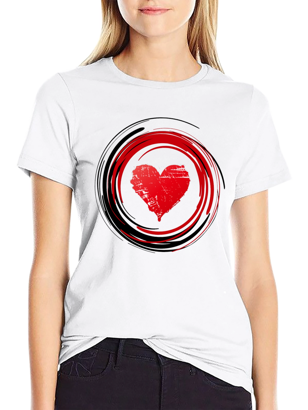 Red Heart Swirl Graphic Black T-Shirt