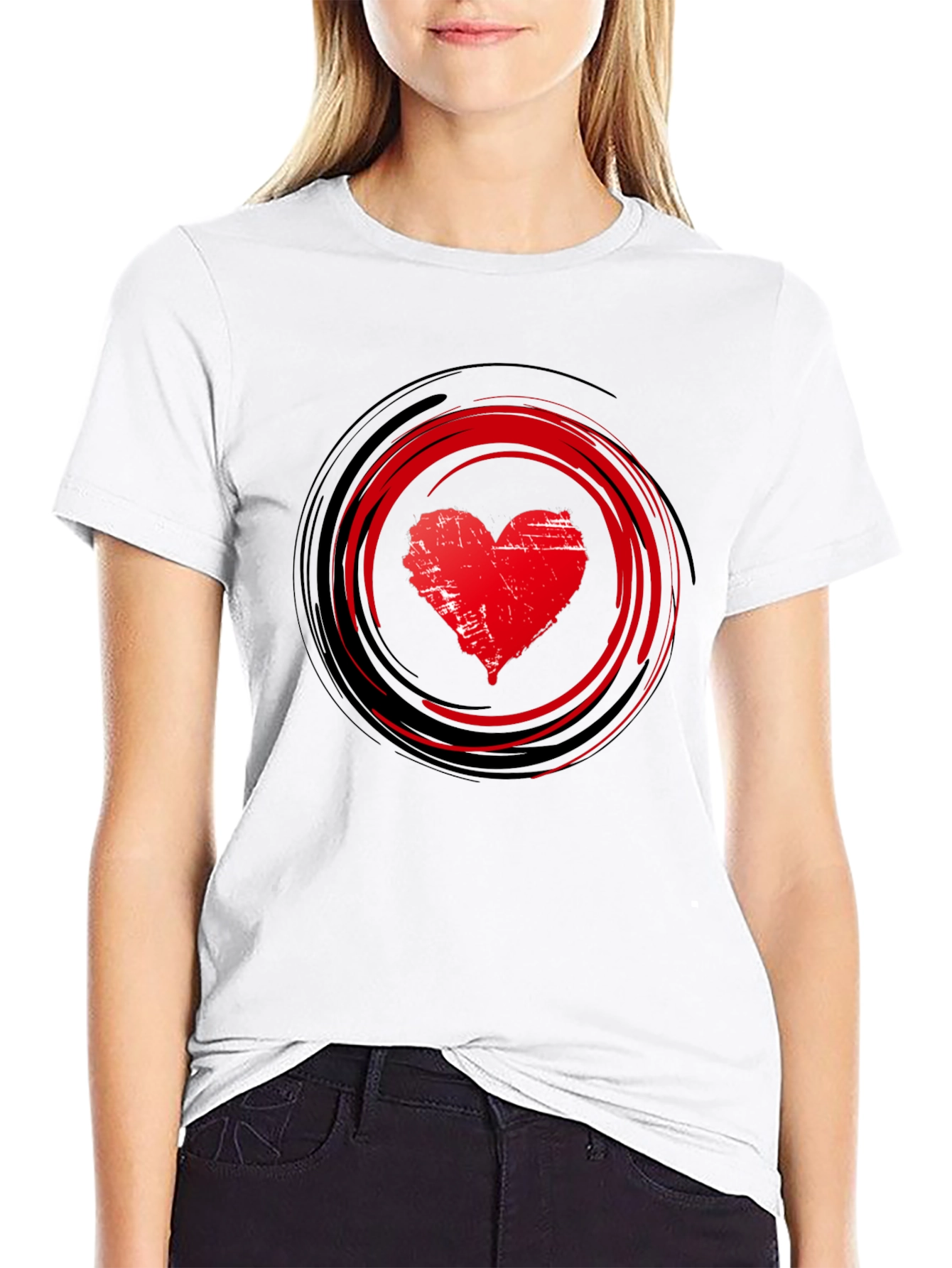 Red Heart Swirl Graphic Black T-Shirt