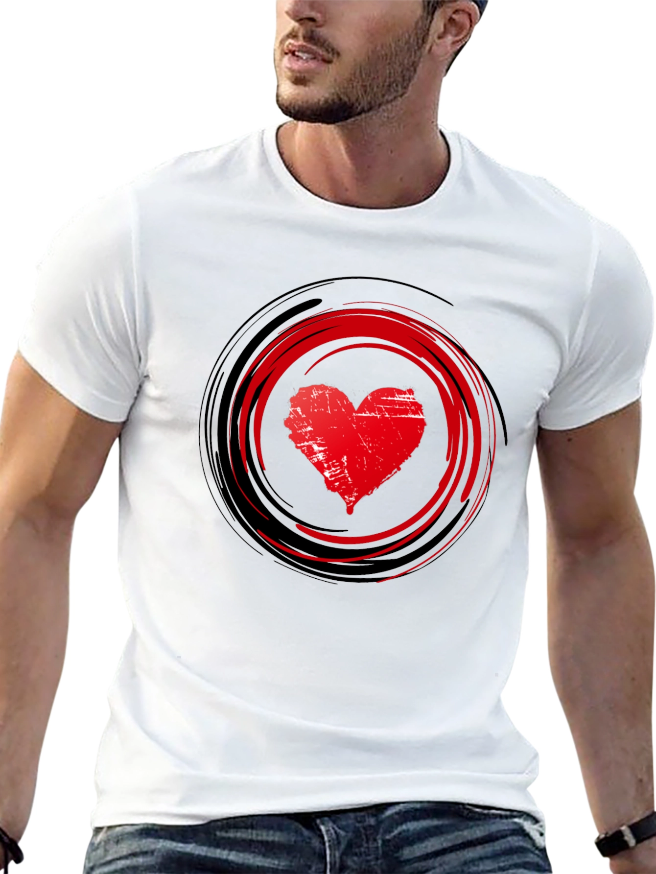 Red Heart Swirl Graphic Black T-Shirt