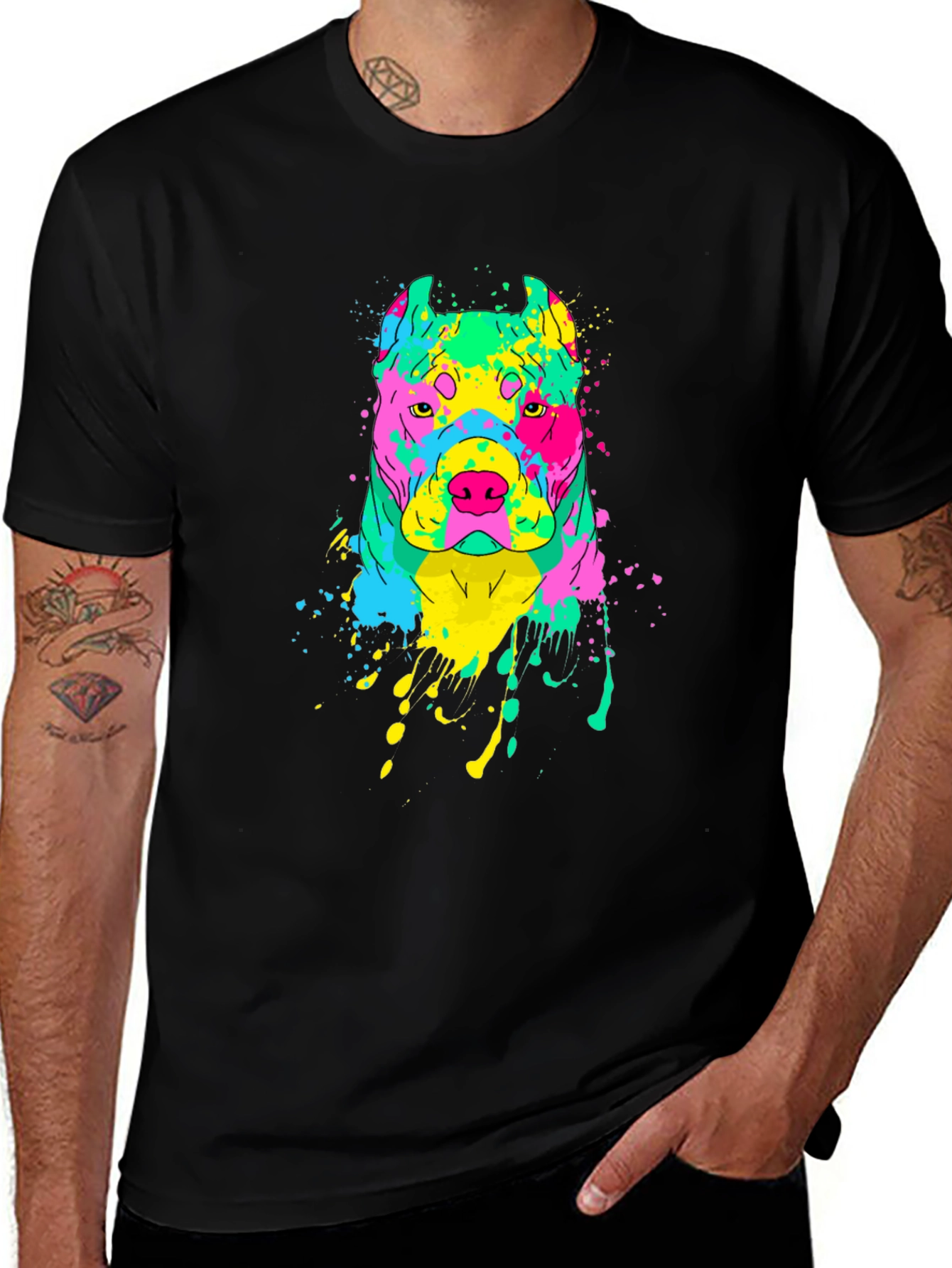 Vibrant Dog Graphic Tee - Mens Black T-Shirt