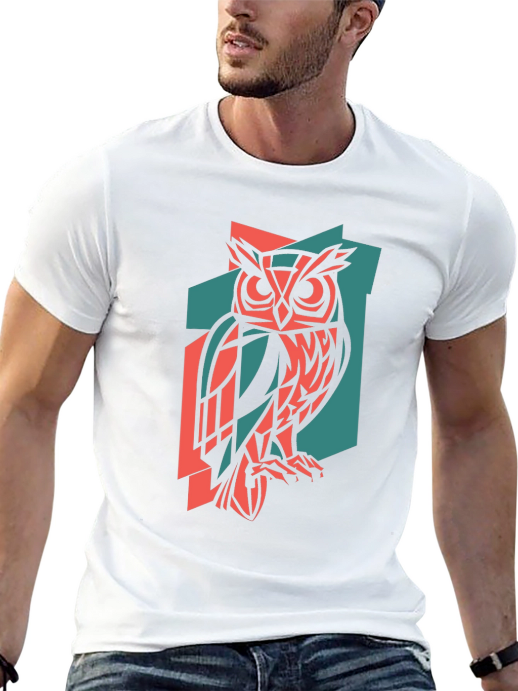 Geometric Owl Print Black T-Shirt
