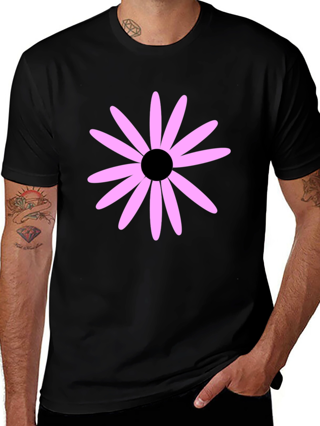 Black T-Shirt with Pink Flower Graphic