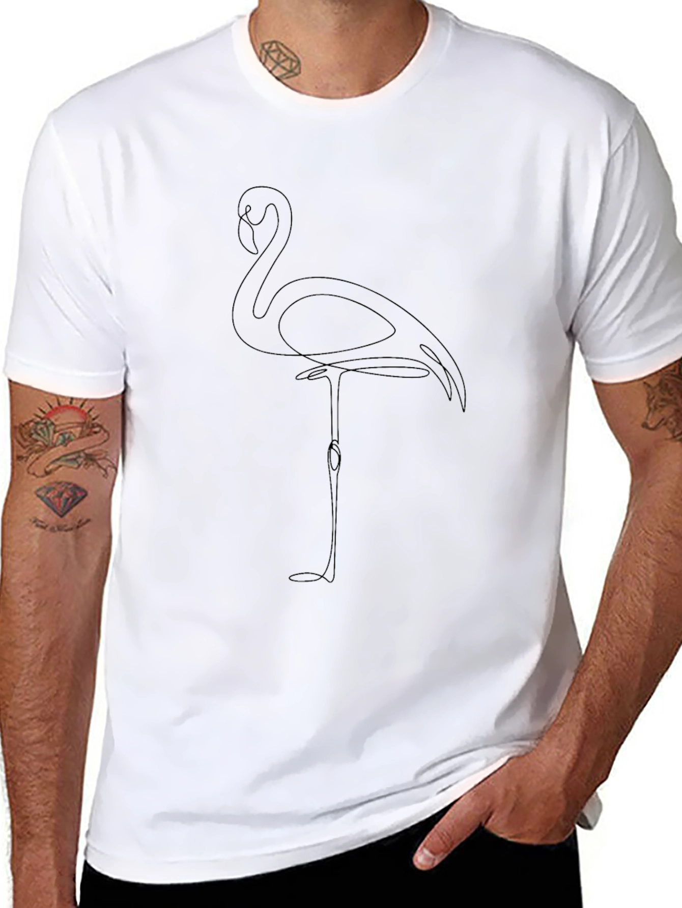 Minimalist Flamingo Line Art T-Shirt - Black