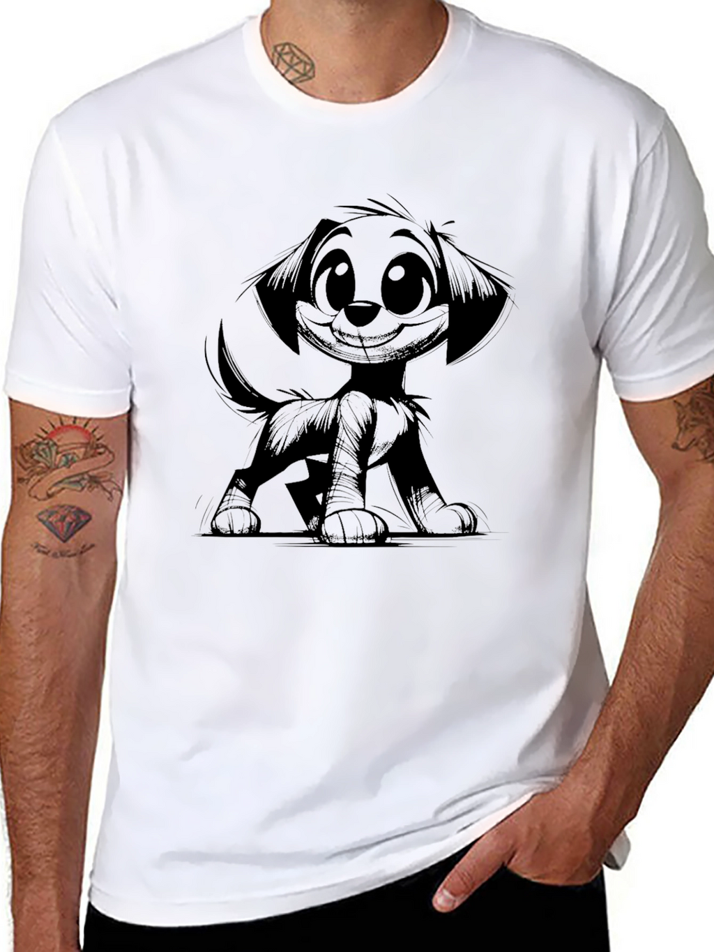 Cartoon Dog Graphic Tee - Black