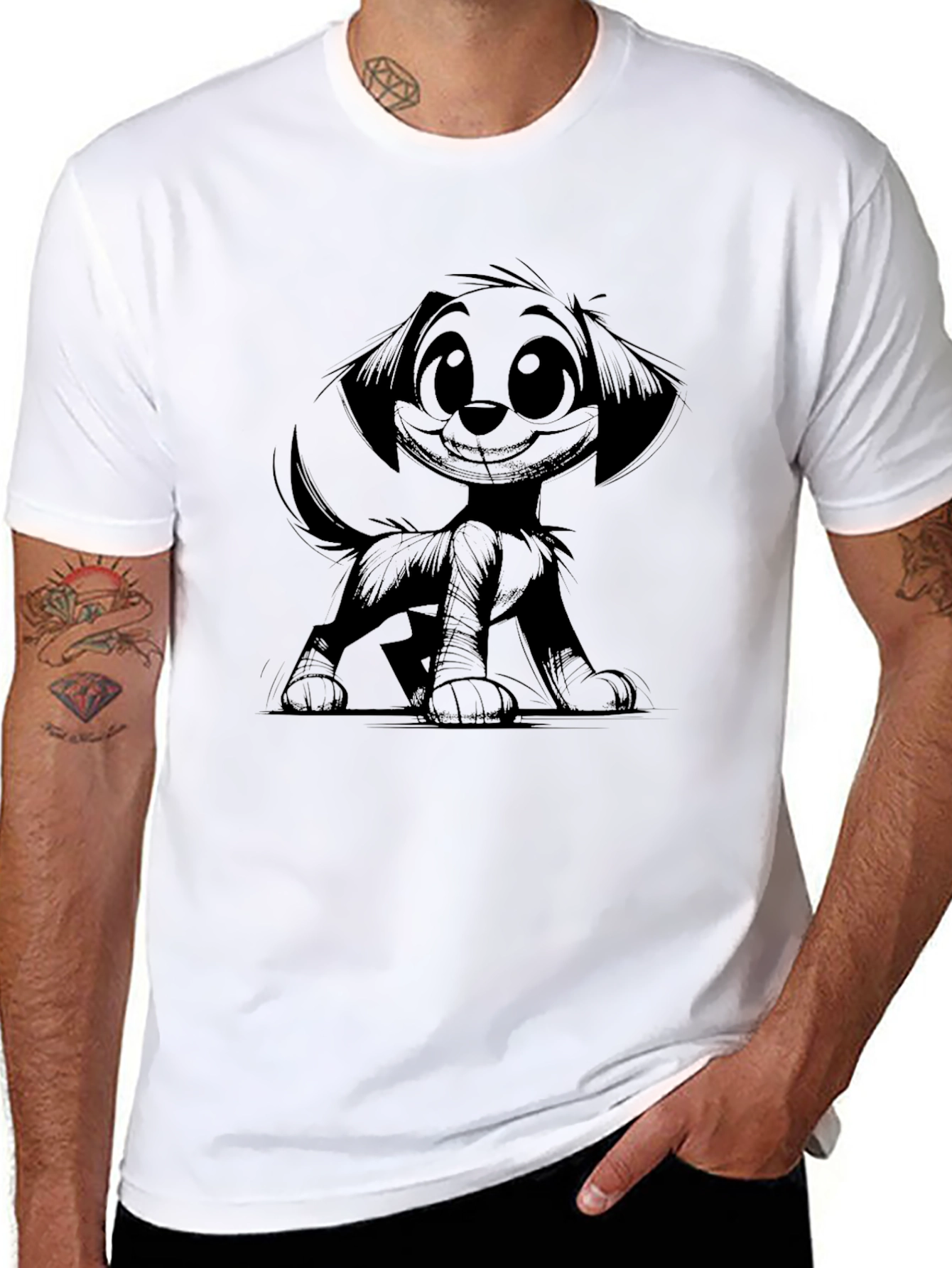 Cartoon Dog Graphic Tee - Black